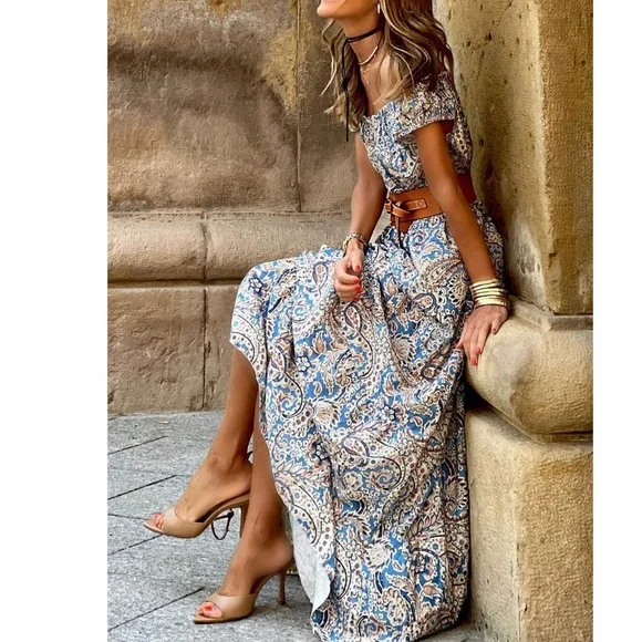 Boho Paisley Floral Print Off Shoulder Maxi Dress - Picture 4 of 9